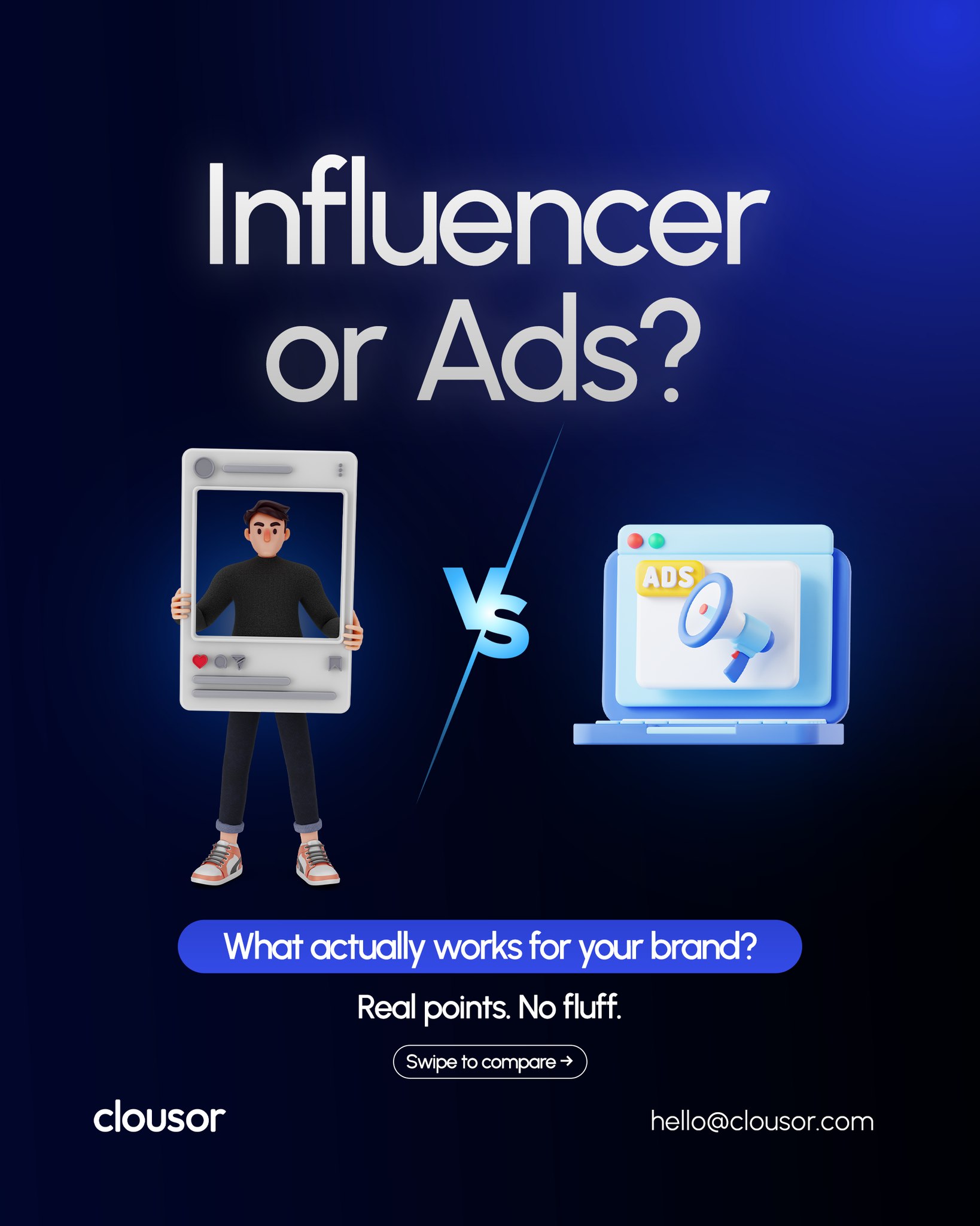 Influencers or Ads?
The answer is not as simple as picking one.
A creator with the wrong audience won’t bring sales.
And ads with poor targeting won’t bring results either.
What actually works is understanding your audience first, then choosing the right strategy for your brand goals, budget, and product.
This breaks down where influencers help, where ads perform better, and when using both together makes more sense.
(Influencer marketing, Instagram ads, Facebook ads, paid marketing, social media strategy, brand awareness, lead generation, digital marketing agency, performance marketing, online business growth)
#ClousorTechnologies #InfluencerMarketing #PaidAds #DigitalMarketing #BrandGrowth
