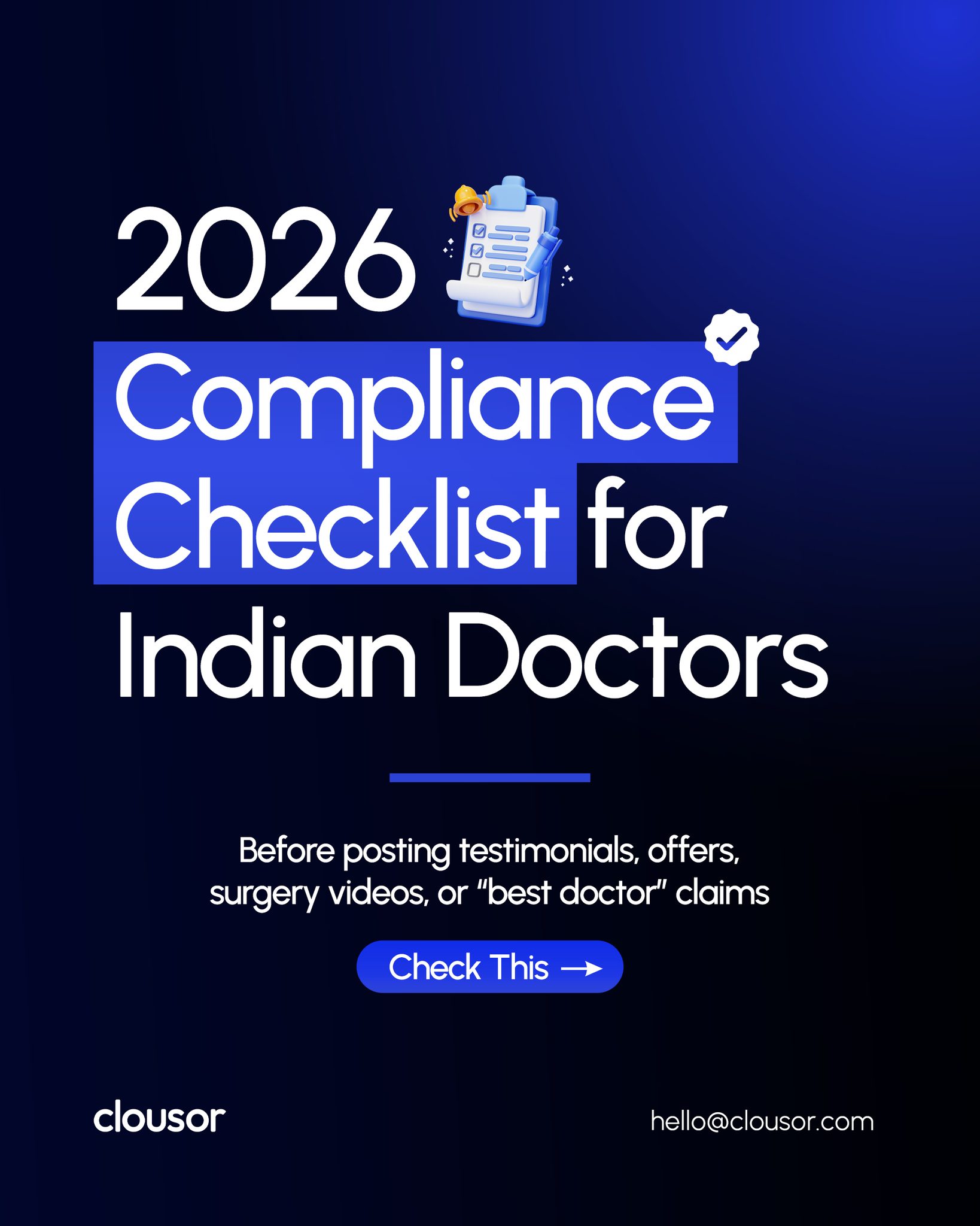 Doctor marketing in 2026 needs more than good design.
It needs the right words, the right claims and the right boundaries.
For Indian doctors, clinics, and hospitals, online content should focus on patient education, verified information, privacy, and ethical communication, not “best doctor” claims, guaranteed results, pressure offers, or patient vulnerability.
A strong healthcare brand does not need risky marketing. It needs clarity. It needs credibility. It needs compliance.
This carousel is a quick checklist for safer healthcare communication in 2026.
Note: This post is for awareness only and is not legal advice.
Sources referred: NMC Code of Medical Ethics Regulations 2002, Telemedicine Practice Guidelines India, DPDP Act 2023 and DPDP Rules 2025, CCPA Misleading Advertisement Guidelines 2022, Drugs and Magic Remedies Act 1954, Meta Health & Wellness Ad Policy, and Google Ads Healthcare & Medicines Policy.
#HealthcareMarketing #DoctorMarketing #MedicalCompliance #HealthcareIndia #HospitalMarketing #PatientTrust #DigitalHealthcare #ClinicMarketing