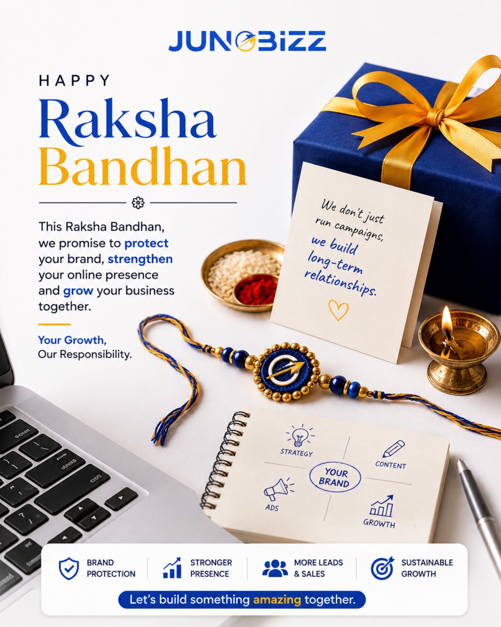 This Raksha Bandhan, we celebrate more than a thread — we celebrate the bonds built on trust, care, and commitment.At JunoBizz, we believe every successful business relationship is built the same way: with trust, consistency, and a promise to grow together.🤝 Your Growth, Our Responsibility.
✨ Stronger Bonds. Stronger Brands. Bigger Growth.Wishing you and your loved ones a very Happy Raksha Bandhan! 🪢#RakshaBandhan #JunoBizz #GrowTogether