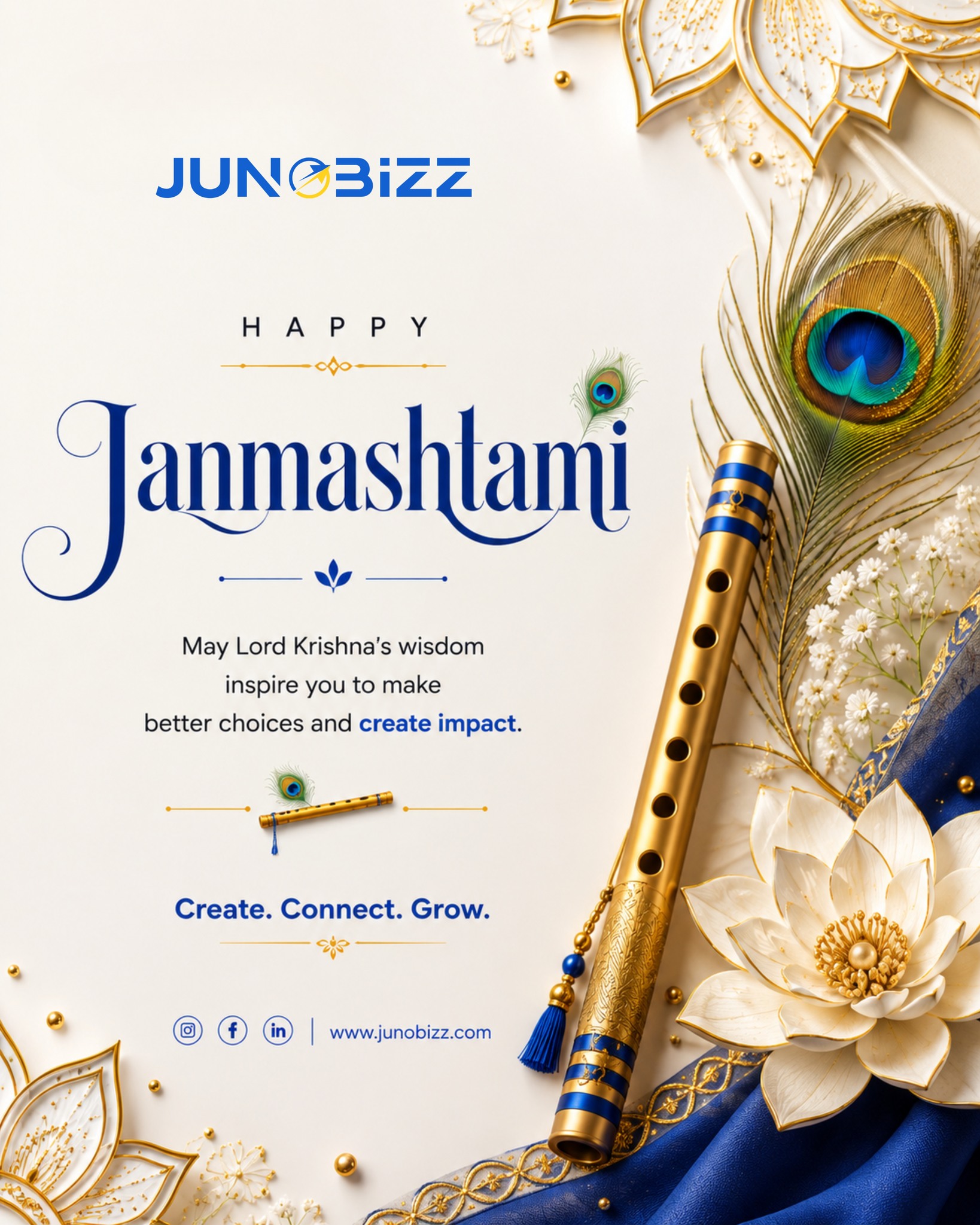 May Lord Krishna’s wisdom inspire us to choose wisely, create meaningfully, and grow with purpose.This Janmashtami, may your journey be filled with creativity, clarity, and success.Wishing you and your loved ones a blessed and joyful Janmashtami!
#HappyJanmashtami #JunoBizz #DigitalMarketing