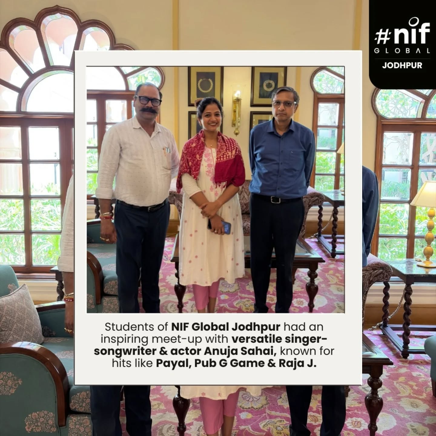 NIF Global Jodhpur students had an Awesome time with @anujasahaiofficial
Anuja Sahai is a versatile Indian singer-songwriter, actor, and anchor known for her work in Bollywood, South Indian, and Punjabi music industries
#NifGlobalJodhpur #celebritimeet #interaction
#FashionDesign #InteriorDesign