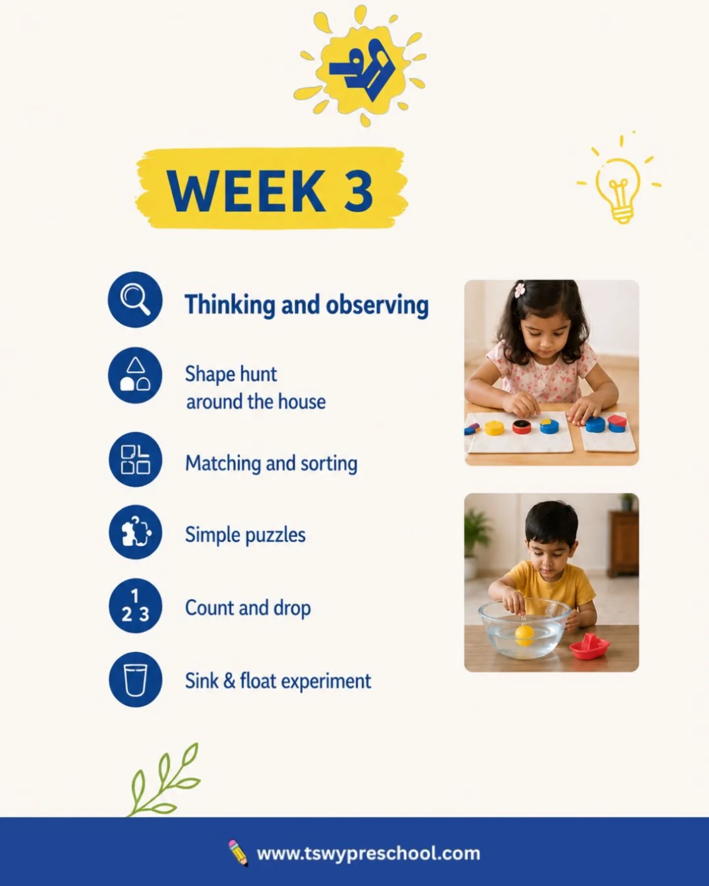 30 days.
Simple moments.
Big learning. 🌱This May, turn everyday play into meaningful growth with easy toddler activities designed to support movement, thinking, observation, sensory exploration, and life skills — all through simple moments at home.✨ Week 1 & 2 — Sensory Play + Movement
✨ Week 3 — Thinking & Observing
✨ Week 4 — Everyday Life SkillsBecause childhood doesn’t need perfect setups.
It needs connection, curiosity, and intentional time together. ❤️Save this May activity series for daily inspiration and create mindful play moments with your little one.Follow TSWY Preschool for simple early learning ideas, parenting support, and playful learning activities for toddlers.#TSWYPreschool #ToddlerActivities #SensoryPlay #MindfulParenting #EarlyLearning PreschoolActivities LearningThroughPlay ToddlerLearning KidsActivities PlayBasedLearning FineMotorSkills LifeSkillsForKids ThinkingSkills IndoorActivitiesForKids