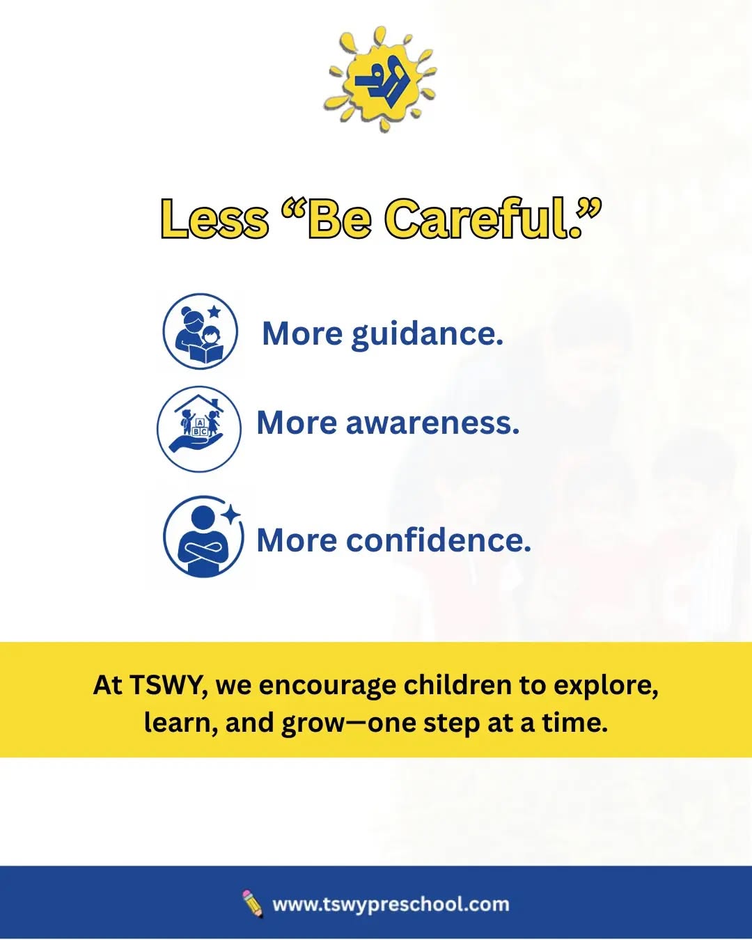 Instead of saying “Be careful,” try telling children what you actually want them to notice.✨ “Take your time.” 🤲 “Use two hands.” 👣 “Notice where your feet are.”Clear, specific guidance helps children build awareness, confidence, and independence—while giving them the freedom to explore, learn, and grow.At TSWY Preschool, we believe children thrive when they are guided with trust, encouraged with patience, and given the space to discover the world at their own pace. 🌱#TSWYPreschool #PositiveParenting #EarlyChildhoodEducation #PreschoolLearning #ChildDevelopment ParentingTips LearningThroughPlay ConfidenceBuilding