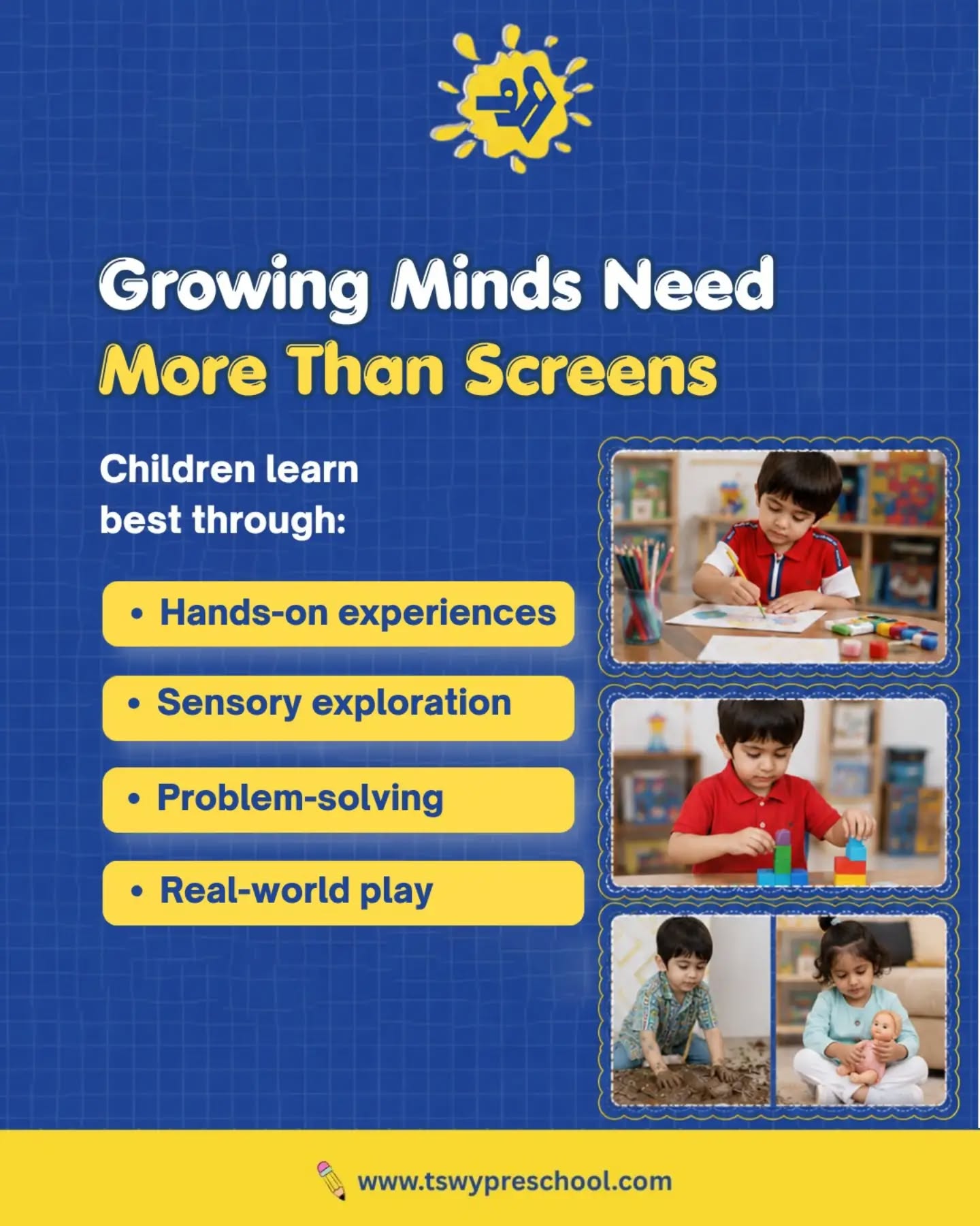 📱 Screens are here to stay—but childhood should never be confined to one.Running, climbing, creating, imagining, exploring, and building meaningful relationships are the experiences that shape confident, curious, and resilient children.At TSWY Preschool, we believe in creating the right balance between technology and hands-on learning, so every child grows through play, discovery, and human connection.#TSWYPreschool #EarlyChildhoodEducation #PositiveParenting #ScreenTimeBalance #LearningThroughPlayWhat's your biggest screen-time challenge as a parent?