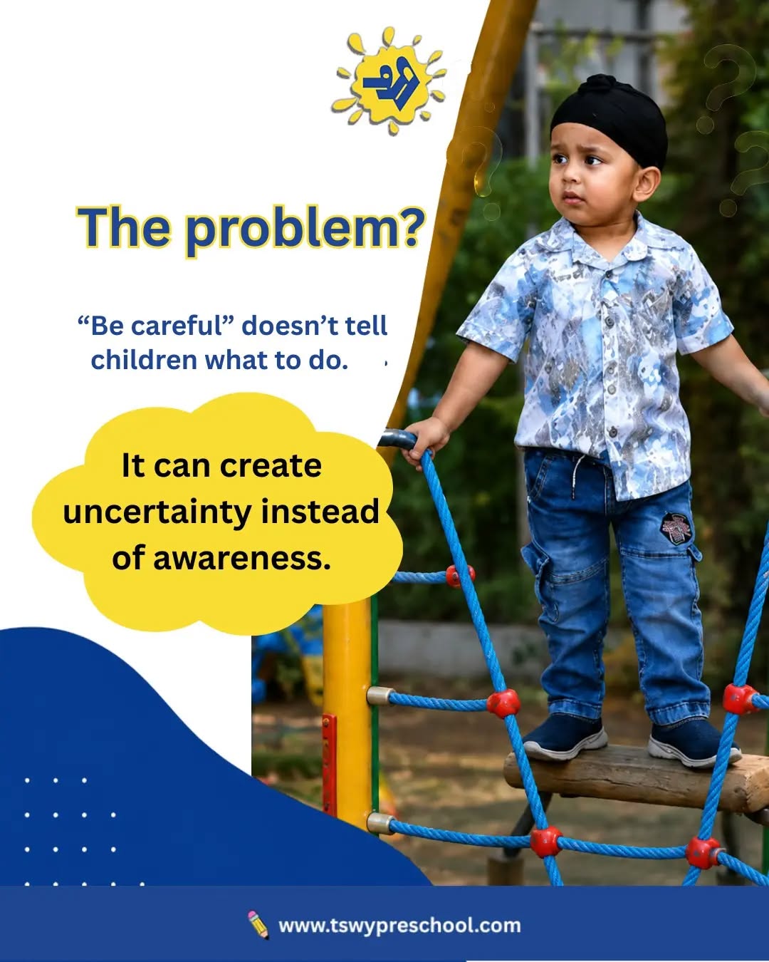 Instead of saying “Be careful,” try telling children what you actually want them to notice.✨ “Take your time.” 🤲 “Use two hands.” 👣 “Notice where your feet are.”Clear, specific guidance helps children build awareness, confidence, and independence—while giving them the freedom to explore, learn, and grow.At TSWY Preschool, we believe children thrive when they are guided with trust, encouraged with patience, and given the space to discover the world at their own pace. 🌱#TSWYPreschool #PositiveParenting #EarlyChildhoodEducation #PreschoolLearning #ChildDevelopment ParentingTips LearningThroughPlay ConfidenceBuilding
