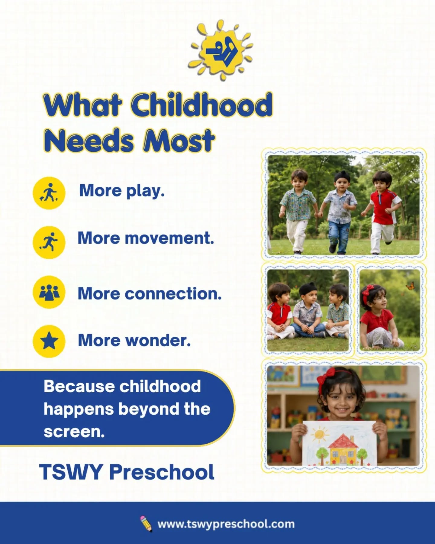 📱 Screens are here to stay—but childhood should never be confined to one.Running, climbing, creating, imagining, exploring, and building meaningful relationships are the experiences that shape confident, curious, and resilient children.At TSWY Preschool, we believe in creating the right balance between technology and hands-on learning, so every child grows through play, discovery, and human connection.#TSWYPreschool #EarlyChildhoodEducation #PositiveParenting #ScreenTimeBalance #LearningThroughPlayWhat's your biggest screen-time challenge as a parent?