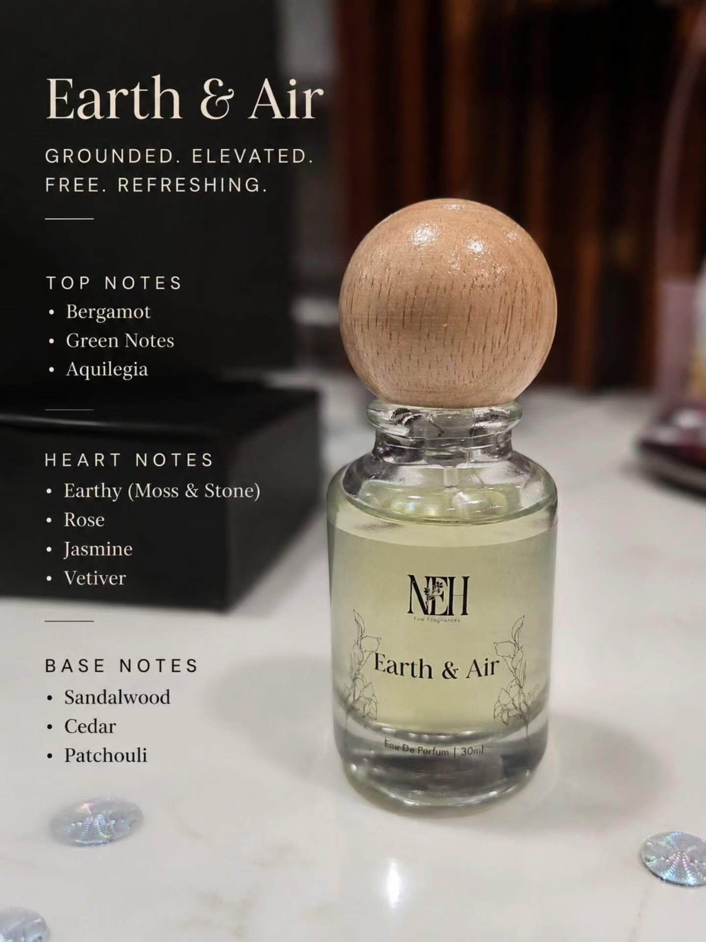 Earth, in its depth. Air, in its freedom.🌿 Grounded. Fresh. Quietly magnetic. A scent that feels like coming back to yourself.Earth & Air — Neh Fine Fragrances. 🤍#NehFineFragrances #EarthAndAir #FineFragrance #PerfumeOfTheDay #FragranceNotes