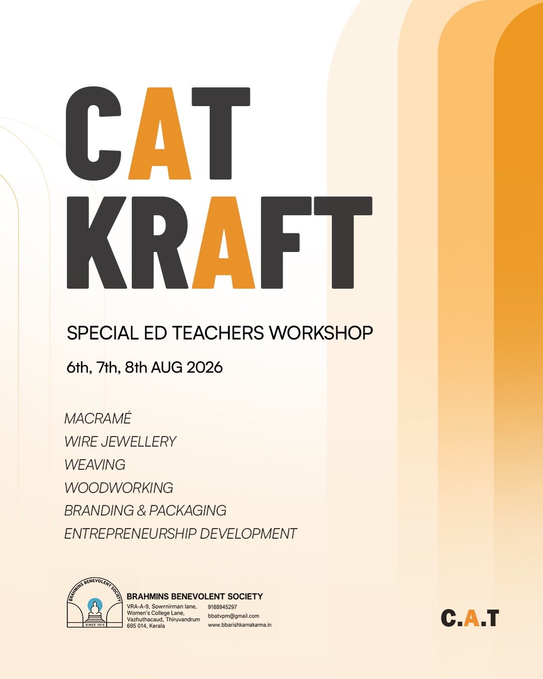 CAT KRAFT | SPECIAL ED TEACHERS WORKSHOP FOR BLIND,DEAF AND DUMB CHILDREN.
CAT KRAFT, a 3-day workshop designed to equip special education teachers with practical skills and knowledge to help specially abled students explore creative work, entrepreneurship, and financial independence.
The workshop featured hands-on sessions in Macramé, Wire Jewellery, Weaving, Woodworking, Branding & Packaging, and Entrepreneurship Development, bringing together creativity, making, and meaningful opportunities.
Facilitators:
• Ganga Mini- Macramé
• Anandu T. S.- Wire Jewellery
• Anantha Krishnan- Weaving
• Denny J. Dilip- Woodworking
• Noble Jose- Branding & Packaging
• Hariram Padmanabha Iyer (Canara Bank)- Entrepreneurship Development
In CAT we firmly believe that the design is not just about what we create for market, it’s also about the possibilities for creating gainful employment of designers.
#CATKraft #CATTrivandrum #CollegeOfArchitectureTrivandrum #SpecialEducation #InclusiveDesign DesignForAll DesignEducation SkillDevelopment Entrepreneurship